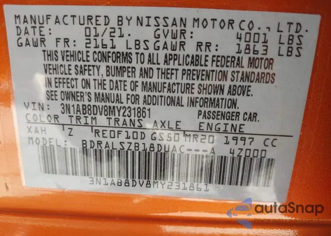 2021 Nissan Sentra Sr Xtronic Cvt z USA, uszkodzony, nr VIN 3N1AB8DV8MY231861